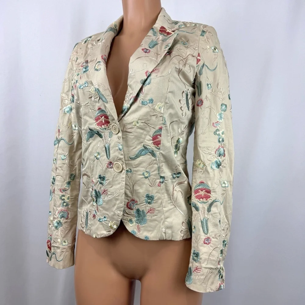 CORTEFIEL Women’s Sz 38 US M Cream Embroidered Blazer Jacket Whimsical Fairycore